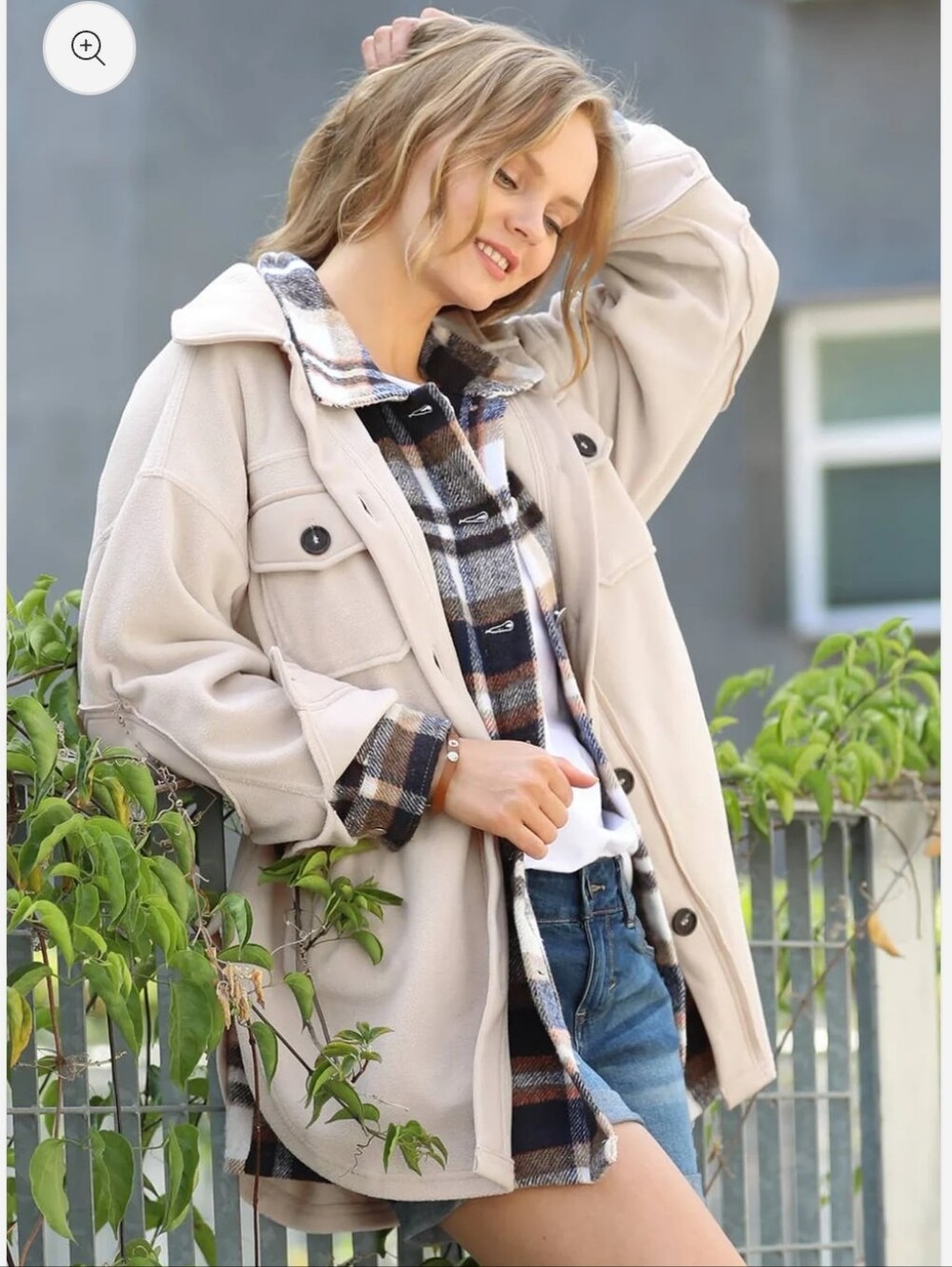 Zenana Sand Beige Oversized Fleece Shacket w/ Elbow Patch Size Medium